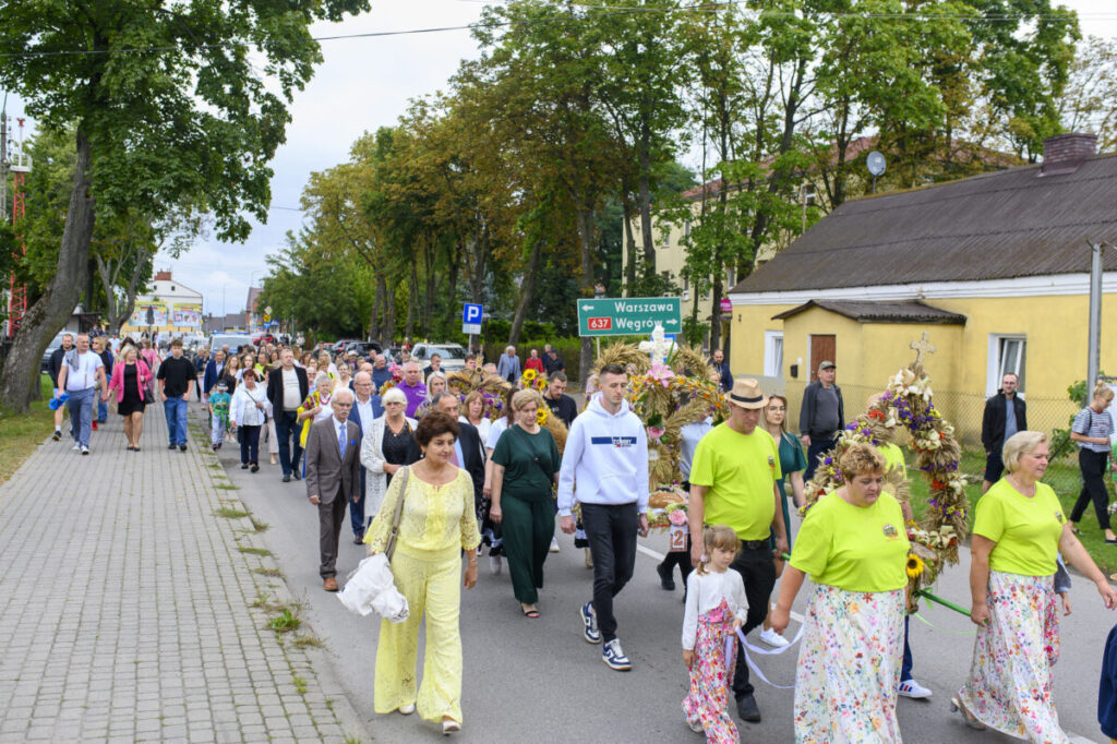 Na zdjęciu widać tłum ludzi maszerujących ulicą w jasnych kolorach. W tle są drzewa i żółty budynek. Uczestnicy niosą barwne wieńce, a nad głowami widać znak drogowy.