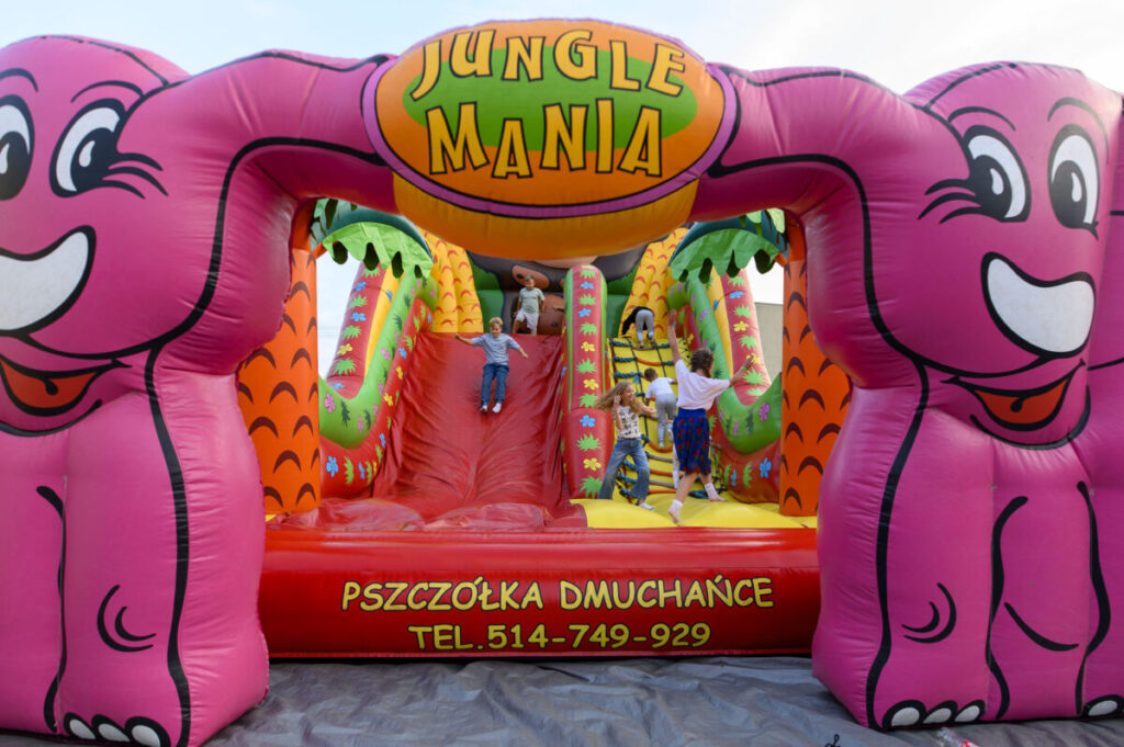 Kolorowa dmuchana zjeżdżalnia w kształcie różowych słoni, z napisem Jungle Mania. Dzieci bawią się na czerwono-żółtym tle. W tle widoczne są zielone elementy przypominające dżunglę.