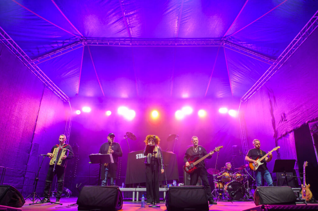 Zespół gra na scenie oświetlonej fioletowym światłem. Tło stanowi niebieski dach i czarna ściana. Na scenie są instrumenty i wokalista.
