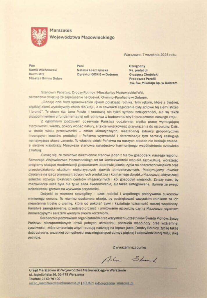Dokument z białym tłem i czarnym tekstem. Na górze po lewej herb Województwa Mazowieckiego. List zawiera formalne podziękowanie.