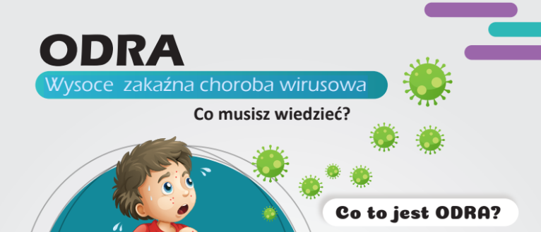Obraz przedstawia dziecko w czerwonej koszulce, otoczone wirusami na niebieskim tle. W tle znajdują się napisy informacyjne o odrze. Kolory to głównie zielony, niebieski i fioletowy.