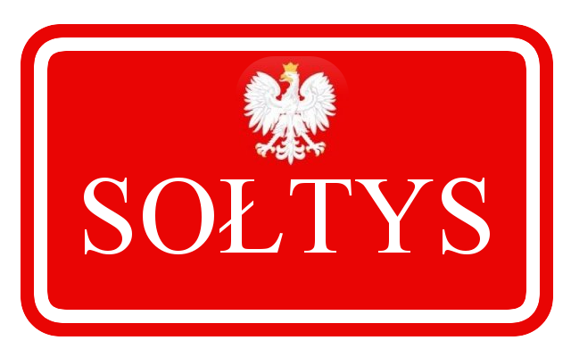 Czerwony znak z białą ramką, na środku biały napis SOŁTYS i godło Polski.