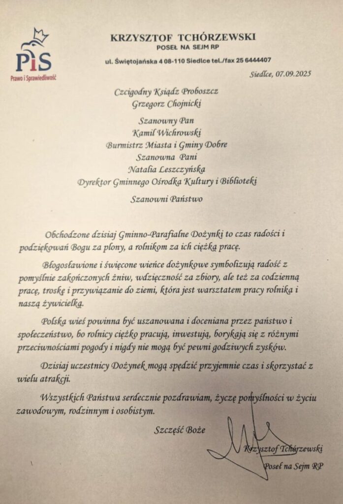 Dokument z białym tłem zawiera oficjalne podziękowania skierowane do rolników. Napisany czarnym tuszem z logo w lewym górnym rogu. Zawiera podpis i datę.