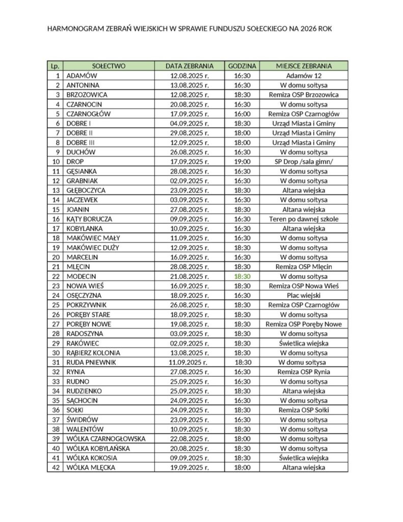 Harmonogram zebrań wiejskich z datą, godziną i miejscem. Tekst na białym tle, tabela z nagłówkami w kolorze jasnozielonym. Lista ma 42 pozycje różnych sołectw.