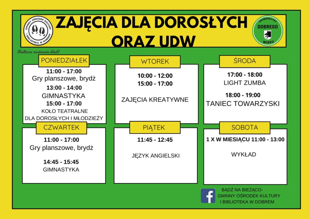 Harmonogram zajęć dla dorosłych na tle zielono-żółtym. Poniedziałek-sobota, różne aktywności jak gimnastyka i taniec. Logo i kontakt na dole.