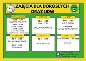Harmonogram zajęć dla dorosłych na tle zielono-żółtym. Poniedziałek-sobota, różne aktywności jak gimnastyka i taniec. Logo i kontakt na dole.