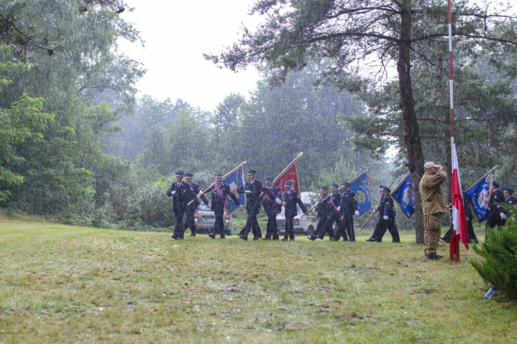 Grupa ludzi maszeruje w deszczu z flagami na tle zielonego lasu. Ubrani są w mundury, a obok stoi osoba salutująca. Kolory są stonowane, dominują zielenie i szarości.