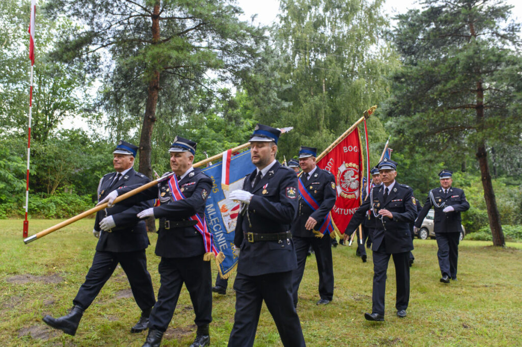 Strażacy w mundurach niosą flagi na zielonym tle drzew. Dominujące kolory to niebieski, czerwony i zielony. Ceremonialny marsz.
