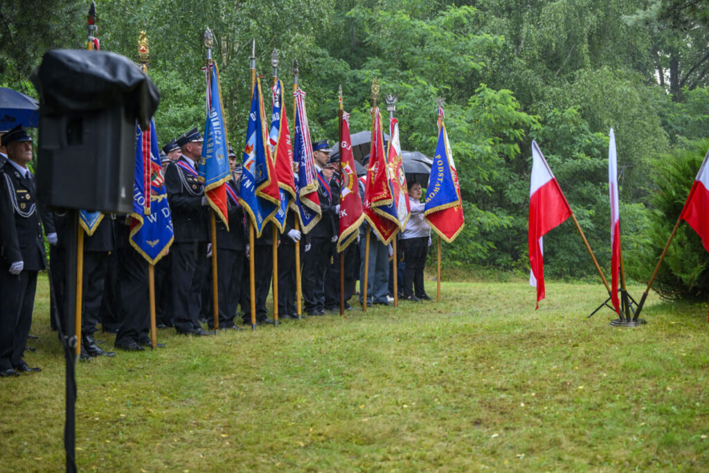 Uroczystość z udziałem osób w mundurach trzymających kolorowe sztandary na tle zieleni. Widoczne są też biało-czerwone flagi. Tło stanowią drzewa i trawa.