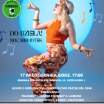 Lilac and Purple Minimalist Dance Night Party Poster(7) Plakat promuje Potańcówkę Retro 17 października. Tancerka w pomarańczowym stroju na tle niebieskiego okręgu. Kolorowe nuty dodają dynamiki.