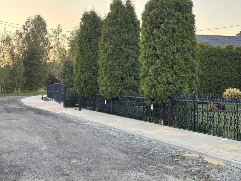 Wzdłuż asfaltowej drogi znajduje się czarny metalowy płot. W tle są wysokie zielone drzewa. Niebo ma ciepły odcień zachodu słońca.