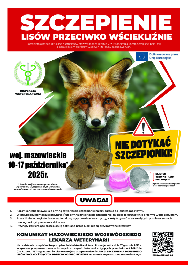Plakat informuje o szczepieniu lisów przeciwko wściekliźnie. Na środku jest zdjęcie lisa na zielonym tle. Dominują kolory czerwony i biały, z ostrzeżeniem o niebezpieczeństwie.