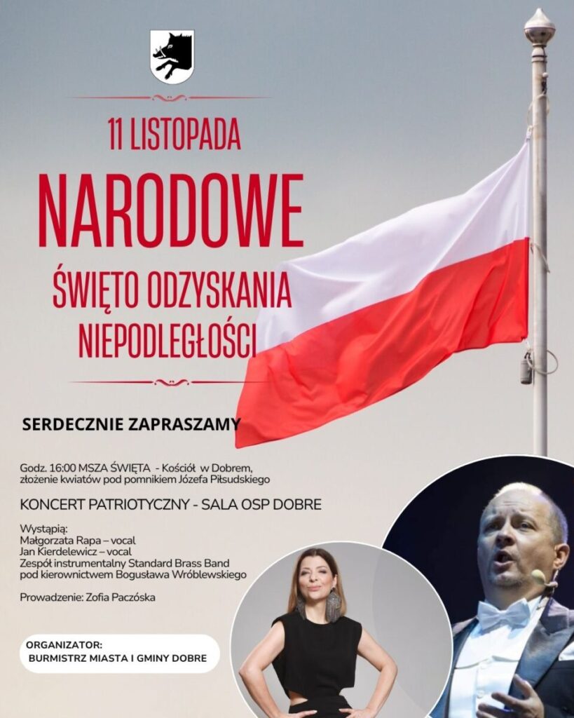 Plakat promuje Narodowe Święto Niepodległości z polską flagą na tle. Główne kolory to czerwony, biały i szary. Zawiera zdjęcia dwóch wokalistów i szczegóły wydarzenia.