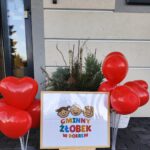 Obraz przedstawia tabliczkę z napisem Gminny Żłobek w Dobrem otoczoną czerwonymi balonami na tle jasnej ściany. Balony mają różne kształty, w tym serca. W tle widoczna jest roślina w białej donicy