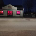 Budynek z trzema oknami podświetlonymi na różowo. Na oknach widoczne czarne sylwetki kwiatów. Nocne tło z ciemnym niebem.