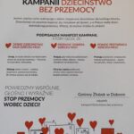Plakat kampanii Dzieciństwo bez przemocy z czerwonymi sercami. Ilustracje przedstawiają rodzinę na tle budynków. Dominują kolory czarny, biały i czerwony.