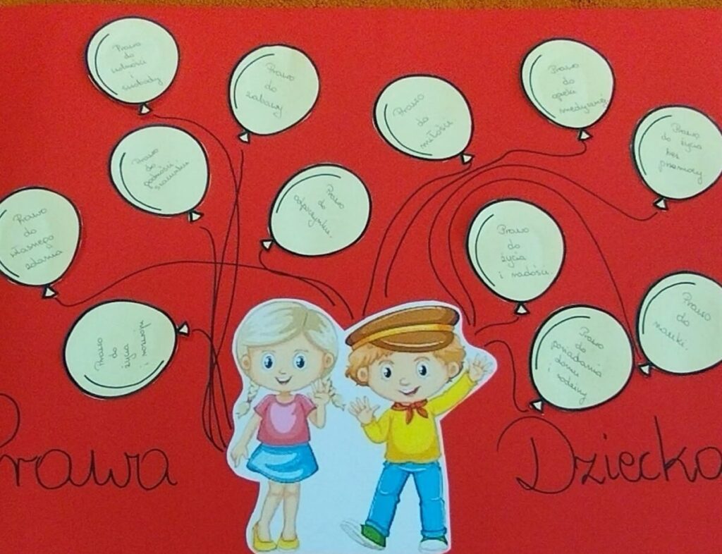 Plansza na czerwonym tle przedstawia balony z prawami dziecka i rysunki dzieci. Dominuje kolor czerwony i różne odcienie żółtego. Balony zilustrowane są z tekstami opisującymi różne prawa.