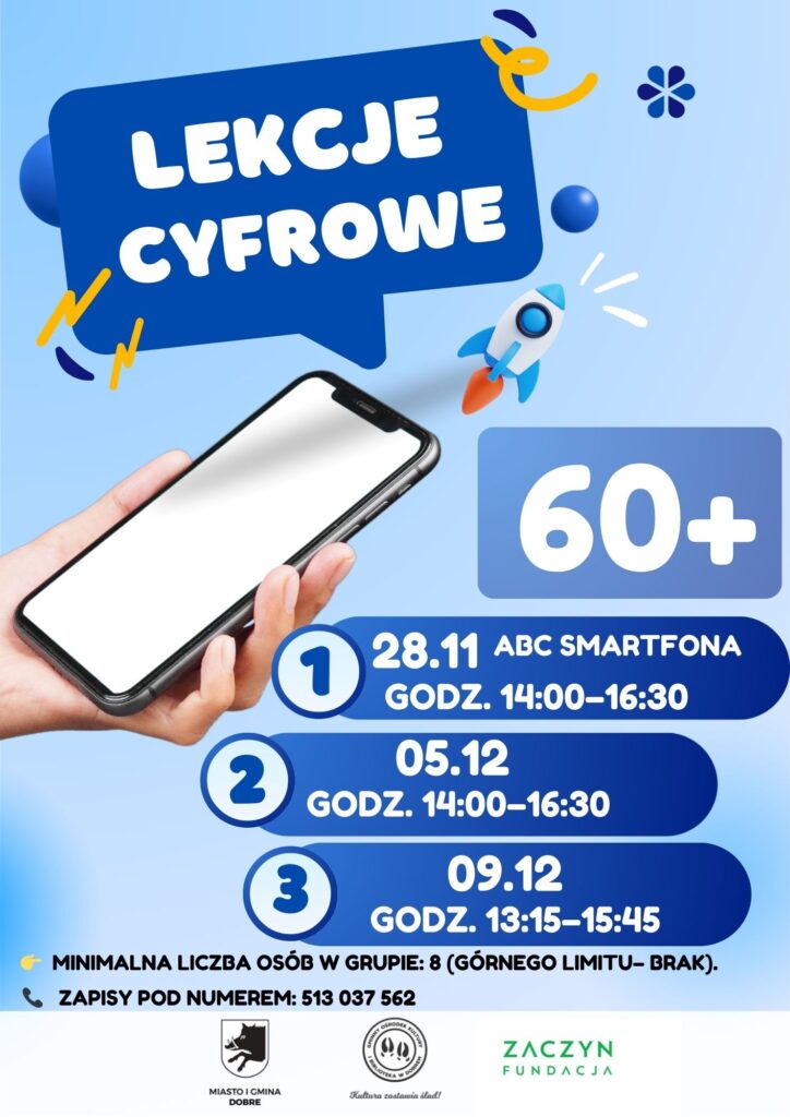 Niebieska grafika z hasłem Lekcje Cyfrowe, smartfonem w dłoni, rakietą i datami warsztatów dla osób 60+. Jasnoniebieskie tło.