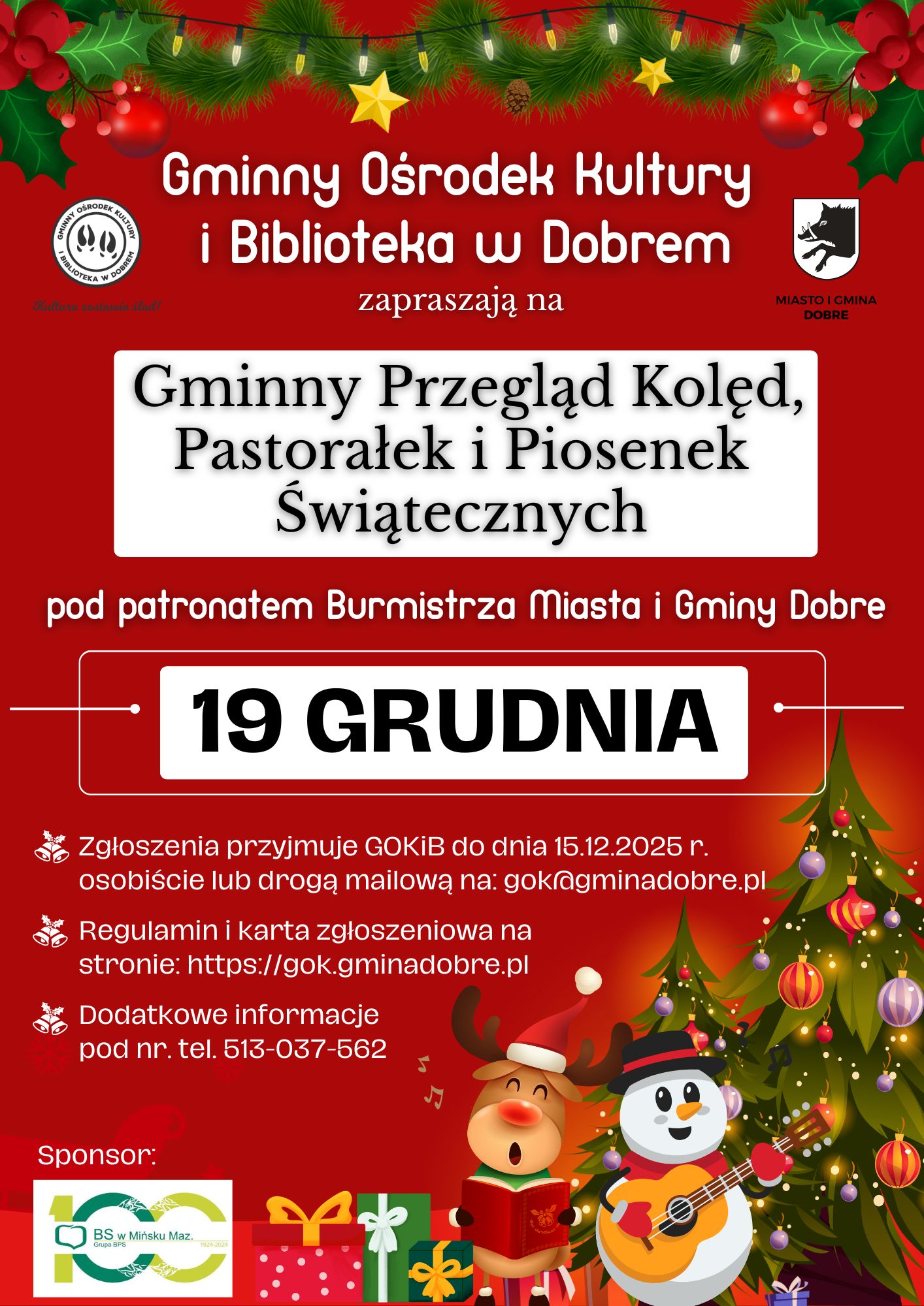 Plakat świąteczny z czerwonym tłem, zielonymi gałązkami i kolorowymi dekoracjami. Widnieje data 19 grudnia. Obok choinka, renifer i bałwanek.