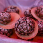 Okrągłe ciastka w kształcie szyszek, posypane cukrem pudrem, leżą na papierze. Kolory brązu i różu. Tło jest rozmyte.