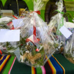 Przezroczyste opakowania z dekoracjami świątecznymi na kolorowym, pasiastej tkaninie. W tle zielone akcenty. Widoczne czerwone i zielone wstążki.