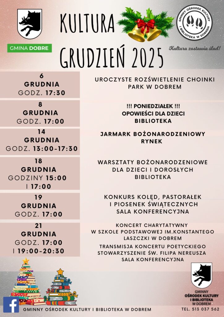 Plakat promujący wydarzenia kulturalne w grudniu 2025 roku. Kolorystyka różowo-beżowa z czarnym tekstem i elementami świątecznymi. Zawiera daty, godziny i lokalizacje imprez związanych z Bożym Narodzeniem.