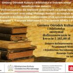 Stare książki z leżącymi na nich okularami. Tło w odcieniach brązu, tekst informacyjny na temat dofinansowania dla biblioteki. Logo Ministerstwa Kultury.