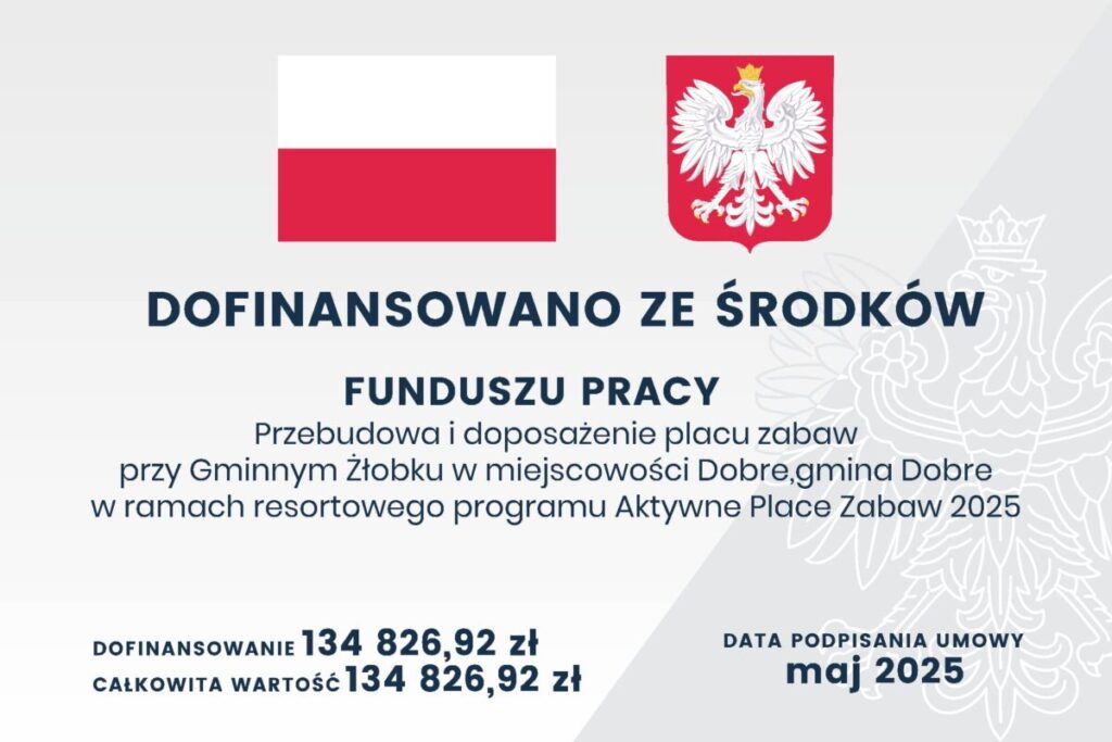 Flaga Polski i herb na górze. Informacja o dofinansowaniu placu zabaw. Tło jasne, tekst ciemny.