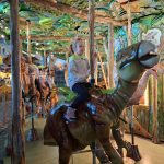 619809394_1529975028306349_8608253684342027498_n Dziecko na karuzeli z dinozaurami w kolorowym wnętrzu. Tło z liśćmi i kwiatami. Wesoła, jasna atmosfera.