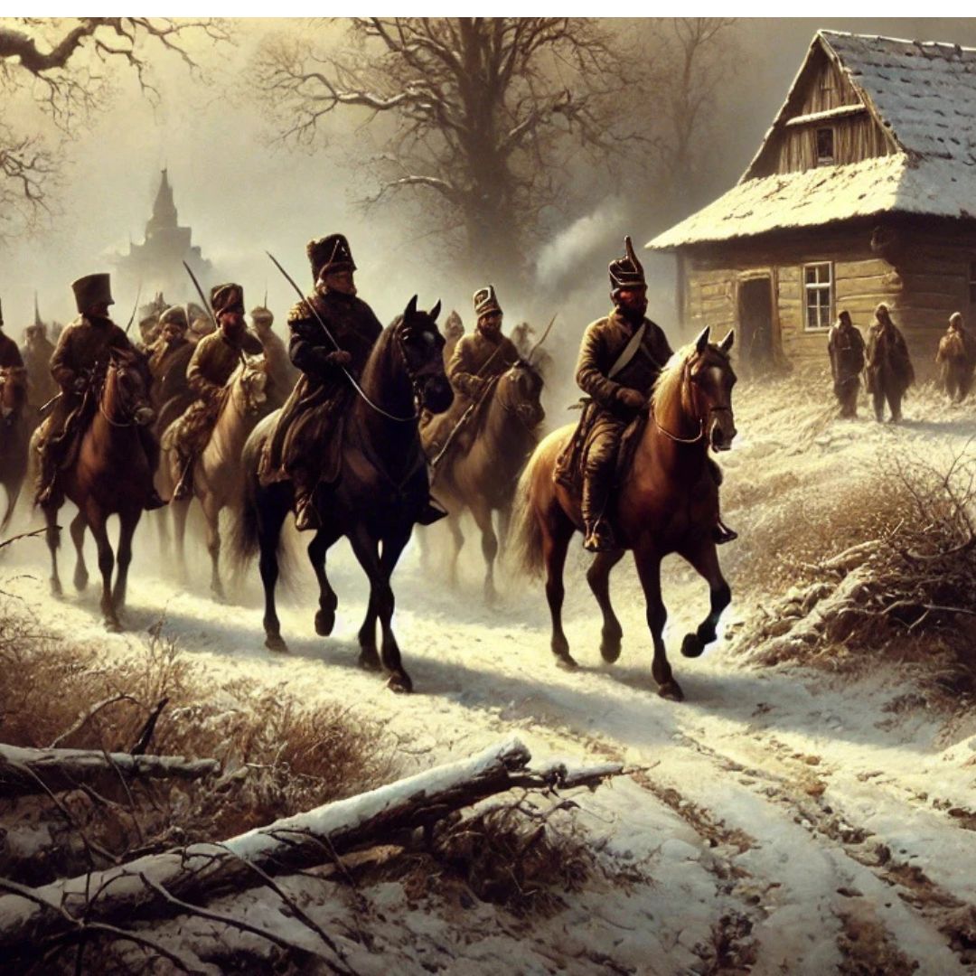 Jeźdźcy na koniach w zimowym lesie, gdzie widać śnieg i drewnianą chatę. Ubrani w historyczne mundury. Szare i brązowe odcienie.