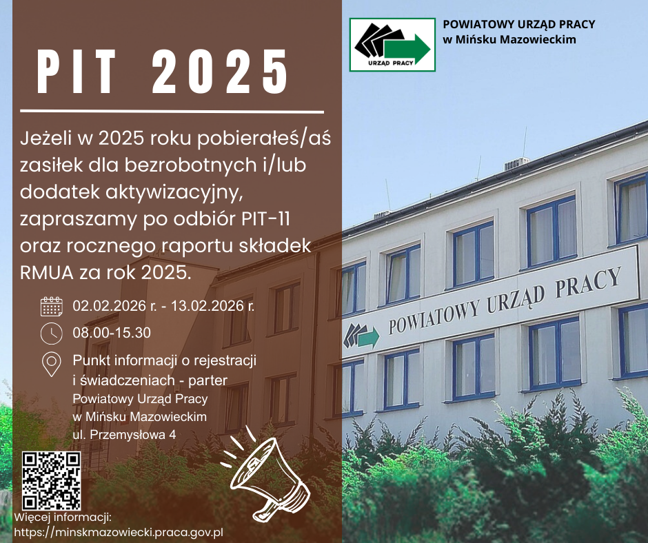 Budynek Urzędu Pracy w Mińsku, szary z niebieskimi oknami. Na lewo brązowy prostokąt z białym tekstem o odbiorze PIT-11.