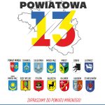Grafika przedstawia napis Powiatowa 13 na konturze mapy, z kolorami żółtym, niebieskim i czerwonym. Poniżej są herby 13 gmin powiatu mińskiego na białym tle. Na dole widnieje napis Zapraszamy do powiatu miń