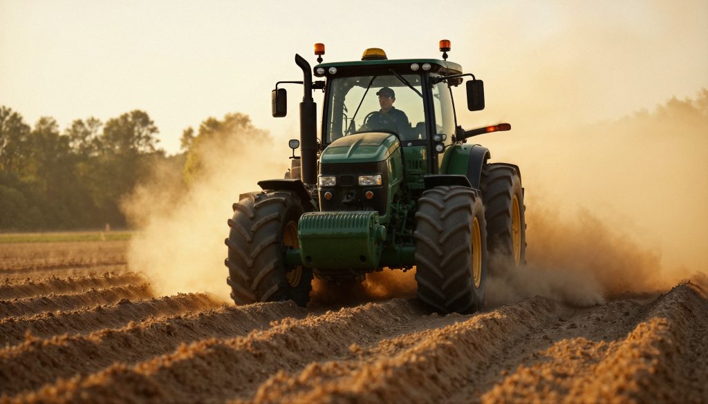 Zielony traktor orze pole w promieniach zachodzącego słońca. Tło stanowią drzewa i wzbijający się kurz. Kierowca siedzi w kabinie.