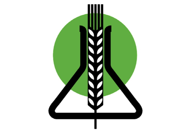Czarno-biała kolba pszenicy na tle zielonego koła. Symbol znajduje się wewnątrz konturu kolby Erlenmeyera. Tło jest białe.