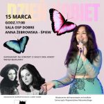 Plakat koncertu z okazji Dnia Kobiet z artystką Anna Żebrowska. Przedstawia kolorowe motyle na jasnym tle. Daty, miejsce i logo Mazowsza widoczne poniżej.