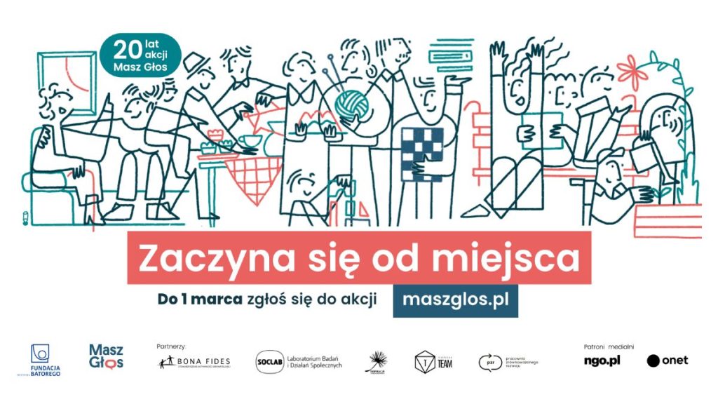 Ilustracja ludzi w prostym stylu, niebieskie kontury na białym tle. Napis „Zaczyna się od miejsca” na różowym tle. Link do strony maszglos.pl.