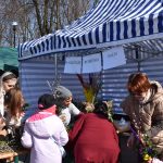 Namiot w paski z napisem Warsztaty Robienia Palm. Grupa osób tworzy palmy z kolorowych gałązek. W tle drzewa i niebieskie niebo.