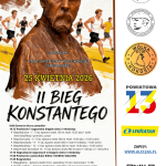 Plakat promuje II Bieg Konstantego 25 kwietnia 2026. Pokazuje brązowe popiersie mężczyzny na tle biegnących sportowców. Po prawej logotypy sponsorów oraz szczegóły wydarzenia.