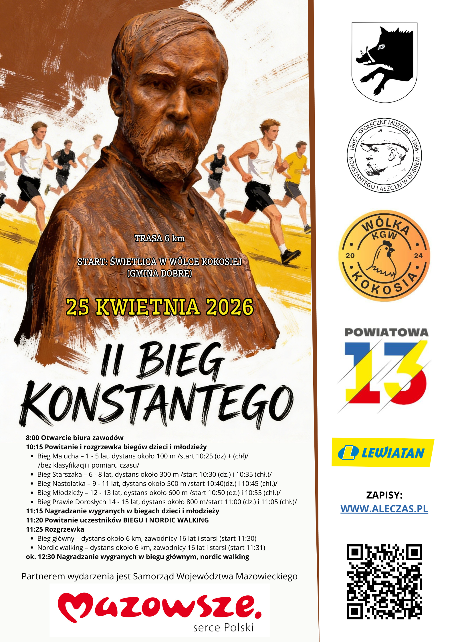 Plakat przedstawia medal z biegu, brązowy posąg, biegnących sportowców oraz informacje o „II Biegu Konstantego” 25 kwietnia 2026. Kolory to brązowy, żółty i biały na tle z logotypami partnerów. W