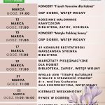 Plakat informuje o wydarzeniach kulturalnych w marcu 2026 w Gminie Dobre. Tło jest jasne, z fioletowym kwiatem na dole. Zawiera daty, godziny i miejsca wydarzeń.