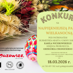 Obraz przedstawia plakat konkursu na najpiękniejszą palmę wielkanocną z kolorowymi ozdobami. Tło jest jasne, z dekoracyjnymi elementami roślinnymi po lewej stronie. Tekst informuje o szczegółach konkursu i sponsorach.