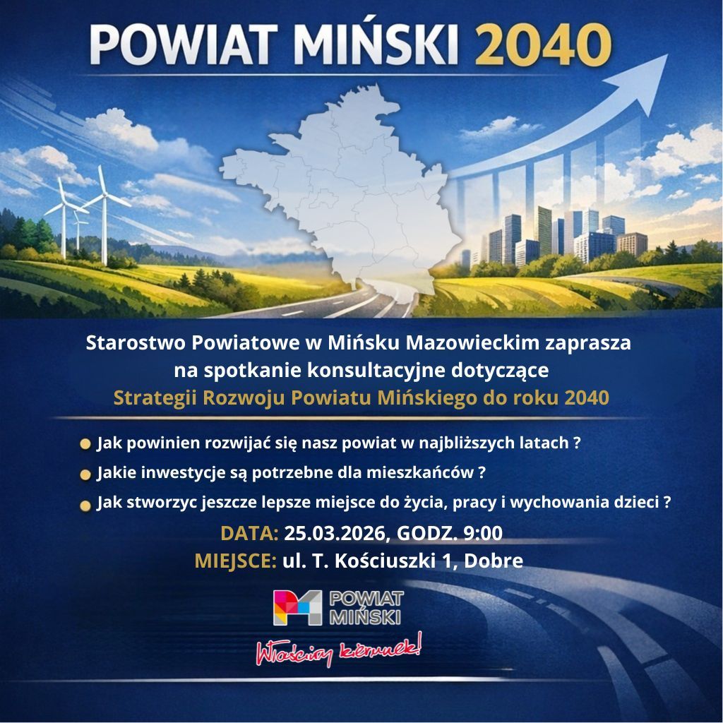Plakat spotkania konsultacyjnego prezentuje datę i miejsce wydarzenia. W tle żółte pola, turbiny wiatrowe i miasto. Widoczne niebieskie tło z mapą i strzałka wzrostu.