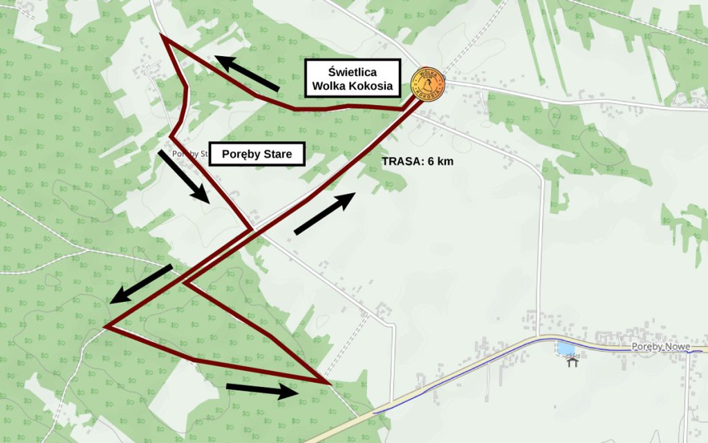 Mapa przedstawia trasę 6 km przez Poręby Stare, z oznaczeniami kierunku. Teren zielony to obszary leśne. Punkt startowy to Świetlica Wolka Kokosia.