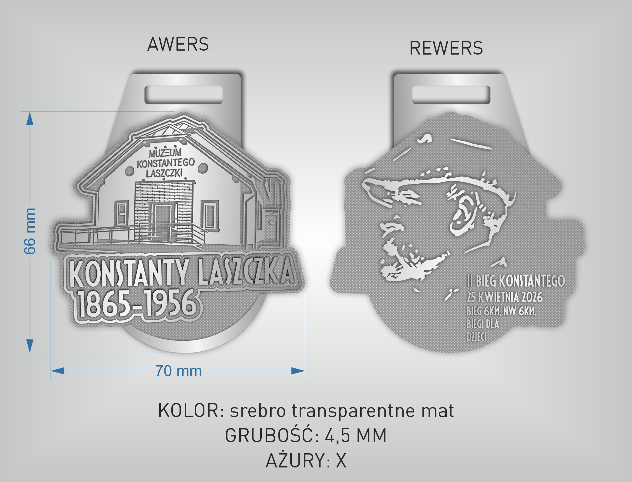 Medal w kolorze srebrnym przedstawia budynek Muzeum Konstantego Laszczki. Na rewersie znajduje się zarys twarzy z datą biegu. Tło jest szare, a szczegóły matowe.