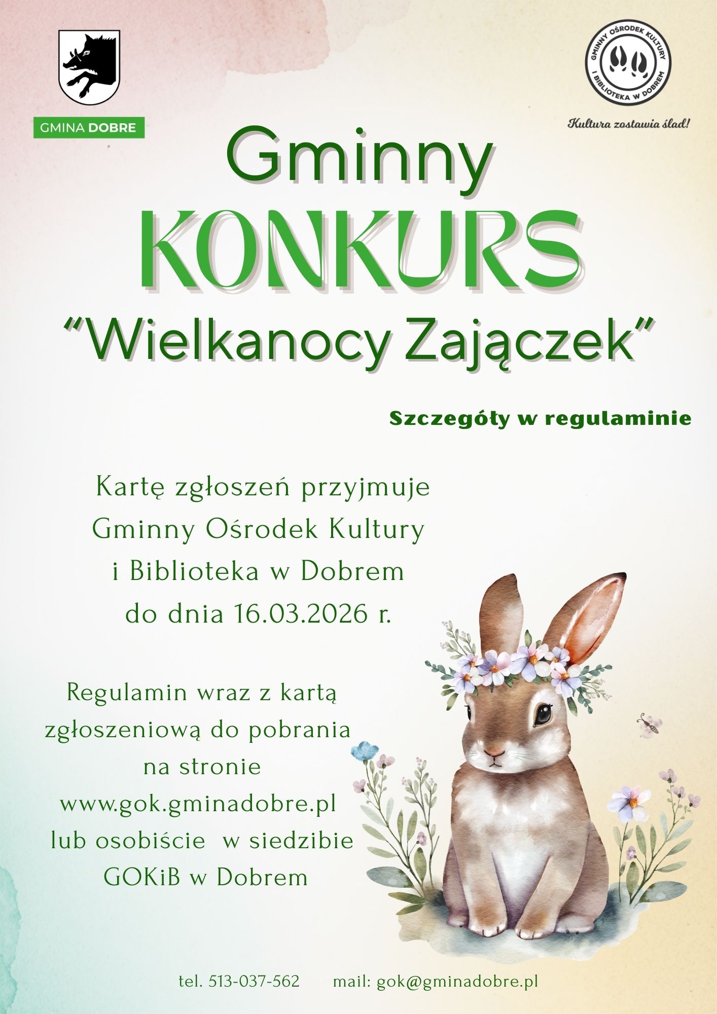 Plakat konkursu wielkanocnego z zajączkiem i kwiatami w pastelowych kolorach. Tło jasne, z elementami zieleni. Logo gminy i dane kontaktowe.