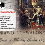 Obraz przedstawia scenę historyczną z napisem Prawo Uchwalenia z 3 maja 1791. Na pierwszym planie są tłumy świętujące, a w tle tekst informujący o obchodach w Gminie Dobre. Dominujące kolory to ciepłe odcienie br