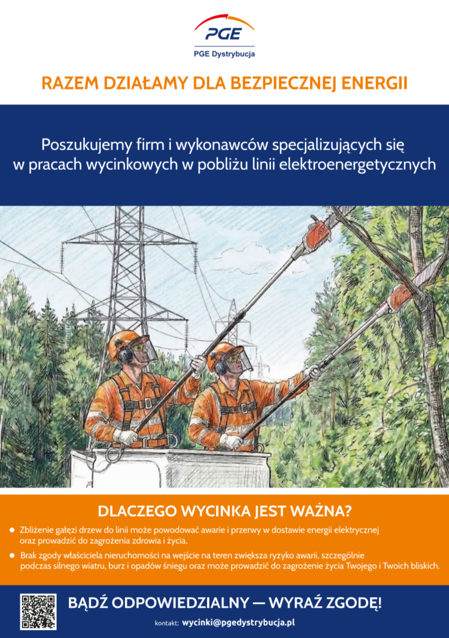 Na obrazku widzimy dwóch pracowników w pomarańczowych kombinezonach, którzy przycinają drzewa obok linii energetycznych. W tle znajduje się wysoki słup oraz jasne niebo. Na górze i dole obrazka są informacje w odcieniach granatu i pomarańczu