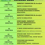Plakat promujący wydarzenia kulturalne w gminie Dobre w kwietniu 2026 roku. Zielone tło z czarnym tekstem i grafikami kwiatów. Logo gminy i ośrodka kultury w lewym górnym rogu.