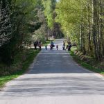 Droga asfaltowa prowadzi przez las. Grupa dzieci i dorosłych spaceruje wzdłuż drogi. Drzewa i trawa są zielone.
