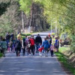 Grupa ludzi spaceruje po wiejskiej drodze otoczonej zielonymi drzewami. W tle widać las. Dzień jest słoneczny.